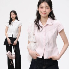 批发韩系正肩短袖<b class='q'>衬衫</b>女夏季T恤设计感小众日系宽松纽扣收腰短款上衣