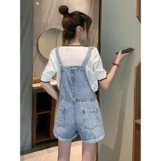 批发牛仔背带短裤女夏<b class='q'>韩版</b>宽松可爱高腰显瘦洋气减龄小个子网红连体裤