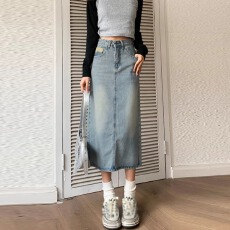 批发美式<b class='q'>复古</b>时尚牛仔半身裙女夏季新款高腰a字中长开叉包臀裙子韩版