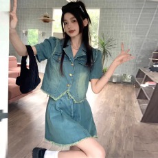 批发茶系穿搭林小姐牛仔裙<b class='q'>套装</b><b class='q'>女</b>夏季显瘦网红炸街百褶短裙子两件套