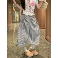 美式休闲彩点格子七分裤女夏季背后星星宽松直筒阔腿大脚阔腿中裤