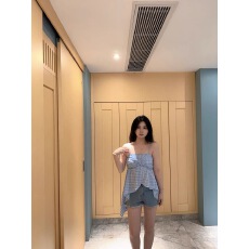 批发荷叶边<b class='q'>甜美</b>减龄撞色格子吊带背心女夏季不规则遮肚子收腰显瘦上衣