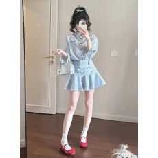 批发2025新款学院风miu系蓝色<b class='q'>衬衫</b><b class='q'>连衣裙</b>子女春夏季气质收腰百褶短裙