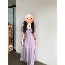 批发夏季温柔荷叶边V领泡泡袖<b class='q'>连衣裙</b><b class='q'>大码</b>胖mm气质系带收腰肌理感长裙