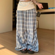 批发潮牌蓝色格子<b class='q'>休闲裤</b>女夏季裤子宽松百搭慵懒风美式直筒长裤