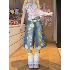 批发美式卡通涂鸦破洞<b class='q'>印花</b>牛仔七分中裤女2026夏季新款复古休闲<b class='q'>短裤</b>潮