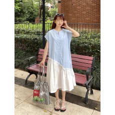 批发设计感撞色拼接衬衫<b class='q'>连衣裙</b>女夏季新款韩版宽松显瘦不规则拼接长裙