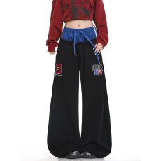 批发美式<b class='q'>高腰</b>街头拖地直筒裤子男女黑色百搭嘻哈运动抽绳阔腿卫裤