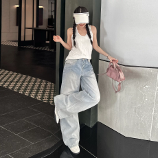批发美式复古后系扣设计感阔腿牛仔裤女夏季<b class='q'>高腰</b>显瘦百搭直筒拖地长裤