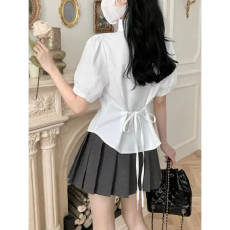 批发酷丝绵绑带款JK制服衬衣<b class='q'>秋</b>冬季学院风白色短袖修身学生衬衫上衣女