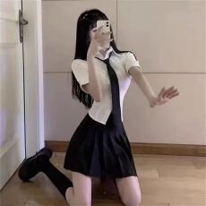批发酷丝绵+翻袖JK制服衬衣<b class='q'>秋</b>冬季学院风白色短袖修身学生衬衫上衣女