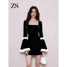 批发2026千金风方领丝绒<b class='q'>连衣裙</b>女黑色<b class='q'>喇叭袖</b>拼白边收腰小黑裙气质显瘦