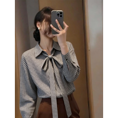 批发韩系时尚翻领系带蝴蝶结<b class='q'>格子衬衫</b>女秋冬新款洋气独特绝美百搭上衣