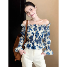 法式甜美风一字肩印花长袖衬衫女春季露肩收腰气质衬衣设计感上衣