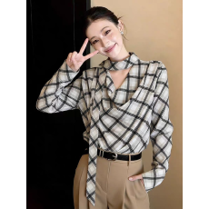 批发复古格纹飘带荡领长袖衬衫女<b class='q'>春</b>季新款高级感独特休闲宽松显瘦上衣
