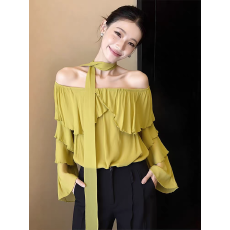 批发法式复古通勤显瘦设计感一字肩荷叶边衬衫衬衣时尚气场纯色上衣女