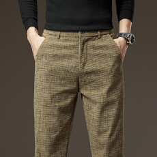 秋冬新款灯芯绒男士休闲裤宽松直筒修身加绒加厚格子商务长裤子男