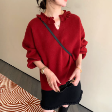 批发欧洲站木耳边V领针织衫2025冬季新款女高级感温柔减龄上衣