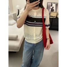 批发2026夏季新款韩版宽松显瘦百搭条纹短袖针织<b class='q'>开衫</b>女休闲上衣竹节麻