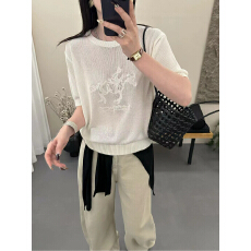 批发轻奢骑马刺绣针织短袖圆领薄款透气多色百搭上衣