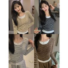 批发德绒欧美秋冬条纹气质百搭简约长袖<b class='q'>T</b><b class='q'>恤</b>假两件带胸垫撞色打底上衣