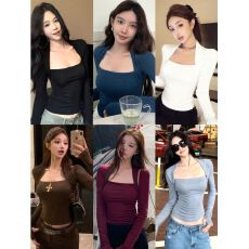 批发美式辣妹方领长袖t恤女春秋<b class='q'>修身</b>正肩收腰打底衫内搭短款黑色上衣