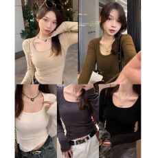 批发2025秋冬新款磨毛长袖T恤女短款打底衫辣妹<b class='q'>修身</b>显瘦方领内搭上衣