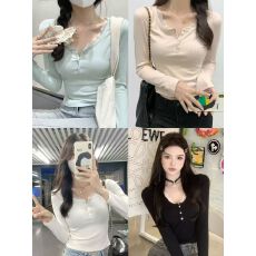 批发白色蕾丝边半开领打底衫T恤女春秋设计感长袖<b class='q'>修身</b>内搭纯欲短上衣