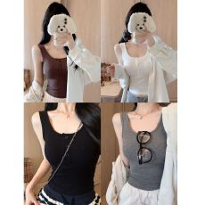 批发初秋新款纯欲圆领磨毛宽肩带背心修身<b class='q'>显瘦</b>固定带胸垫百搭上衣女