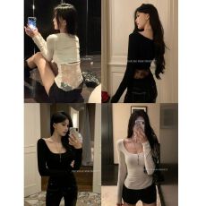 批发纯欲蕾丝拼接后背镂空长袖恤女春秋修身内搭打底衫方领短款上衣