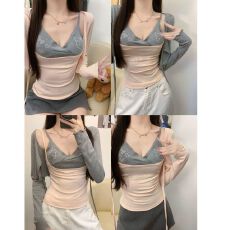 批发秋季新款纯欲风小性感辣妹卡通烫钻吊带内带胸垫上衣开衫绑带长袖