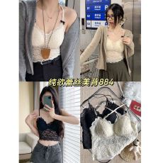 批发纯欲风新款性感蕾丝深V领蝴蝶结吊带背心女修身一体式带胸垫内搭