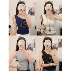 批发辣妹风秋季新款拼接斜肩背心女复古kikty烫钻无袖内衣带胸垫上衣