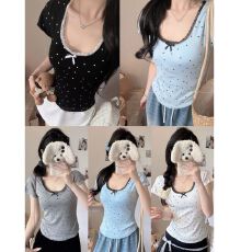 批发韩系纯欲风蕾丝花边拼接波点<b class='q'>短</b>袖T恤修身显瘦固定带胸垫百搭上衣