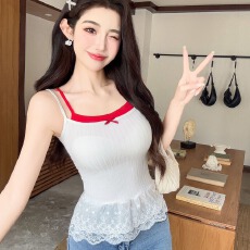批发美式假两件<b class='q'>蕾丝</b>拼接裙摆吊带背心女秋外穿新款蝴蝶结撞色无袖上衣