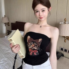 批发性感猫咪钉珠卡通小猫印花抹胸背心女修身固定带胸垫舒适<b class='q'>百搭</b>上衣