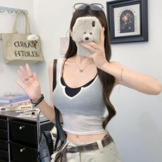 批发纯欲撞色交叉内搭小吊带女天丝透视开衫领<b class='q'>背心</b>修身真两件美背套装