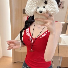 批发辣妹撞色格子蝴蝶结假两件吊带背心女内搭外穿带胸垫修身百搭上衣