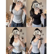 批发纯欲风性感蕾丝花边V领短袖T恤女带胸垫内搭修身显瘦外穿打底上衣