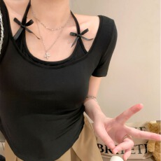 批发纯欲性感蝴蝶结挂脖短袖T恤女方领正肩薄打底衫修身显瘦短款上衣