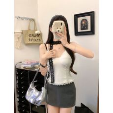 批发美式撞色蕾丝花边拼接假两件格子吊带背心女修身显瘦短款挂脖上衣