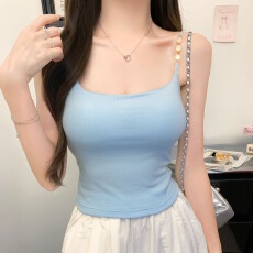 批发美式纯欲新款褶皱细肩带拼接链条小众设计吊带背心女内搭外穿上衣