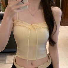 批发甜妹纯欲花边褶皱蝴蝶结系带胸垫吊带背心女带胸垫显瘦<b class='q'>百搭</b>上衣女