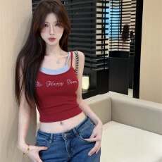 批发美式甜辣别致设计感假两件带胸垫吊带背心女带胸垫美背无袖上衣