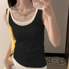 批发<b class='q'>文胸</b>背心女纯欲风性感撞色假两件吊带长款带胸垫内搭打底外穿上衣