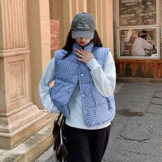 批发实拍蓝色格纹立领棉服女冬季马甲加厚学院风宽松保暖外套现货款