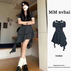 批发2026夏季韩系气质娃娃领格子<b class='q'>连衣裙</b>甜美温柔风<b class='q'>收腰</b>显瘦拖尾蛋糕裙