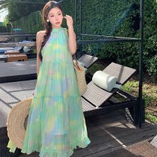 批发薄荷曼波绿色绑带挂脖连衣<b class='q'>裙子</b>女夏季法式气质海边度假风沙滩<b class='q'>长</b><b class='q'>裙</b>