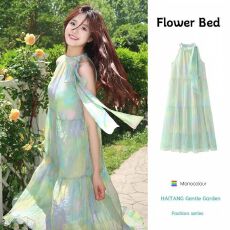 批发薄荷曼波绿色绑带挂脖连衣<b class='q'>裙子</b>女夏季法式气质海边度假风沙滩<b class='q'>长</b><b class='q'>裙</b>