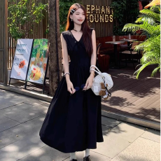 批发高级感法式系带翻领无袖连衣裙女夏季气质收腰温柔风大摆黑色长裙
